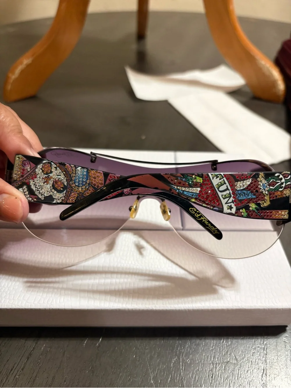 Ed Hardy Purple Gradient Rimless Shield Sunglasses with Gold Brow